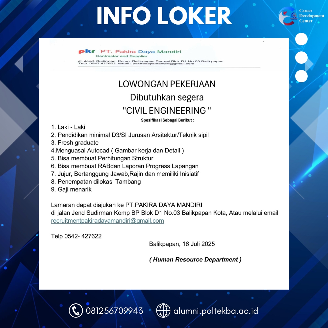 LOWONGAN KERJA PT. PAKIRA DAYA MANDIRI