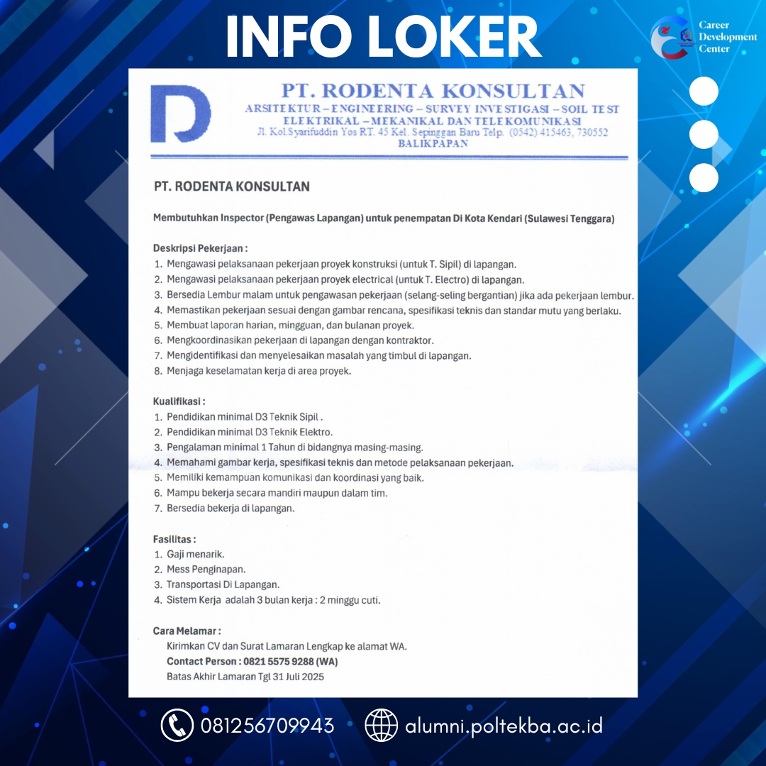 LOWONGAN KERJA PT. RODENTA KONSULTAN